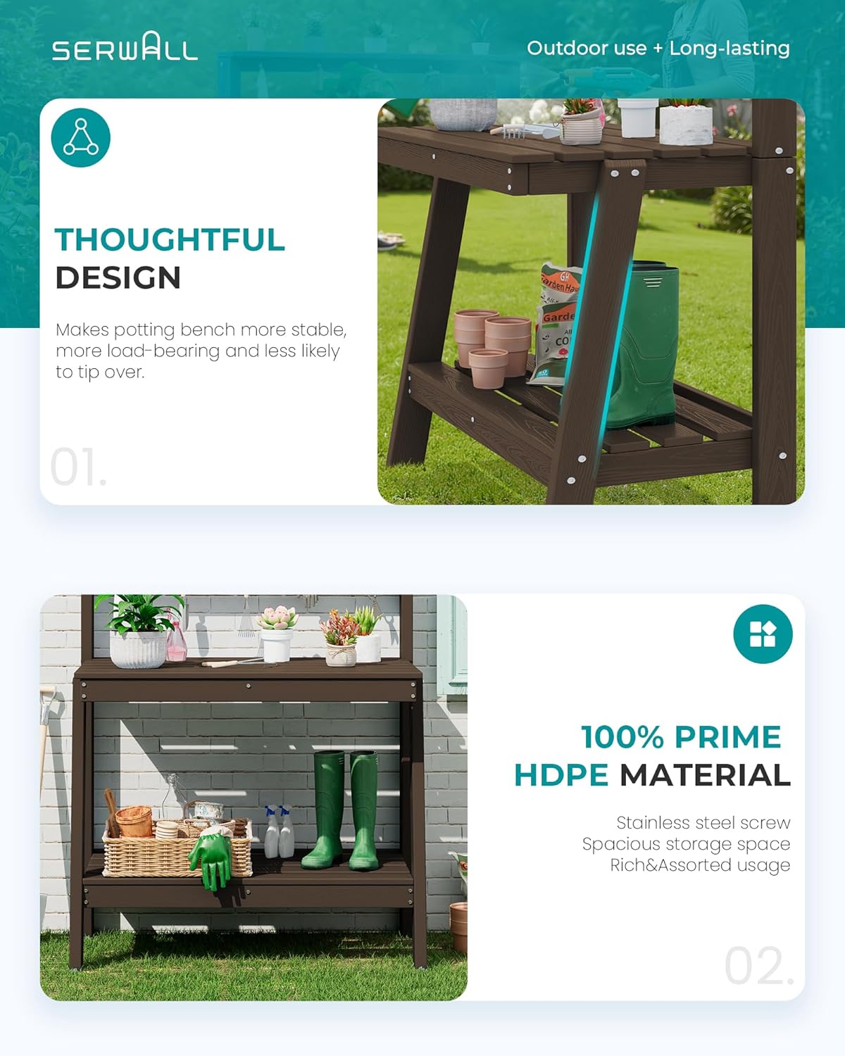 SERWALL Outdoor Potting Bench with Removeable Sink,Rot-Resistant HDPE Potting Table for Outside Gardening, All Weather Use - Gray