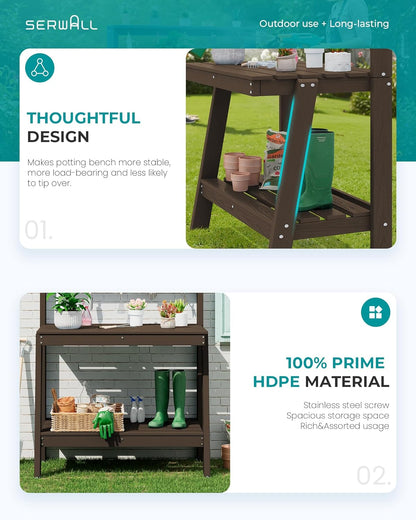 SERWALL Outdoor Potting Bench with Removeable Sink,Rot-Resistant HDPE Potting Table for Outside Gardening, All Weather Use - Gray