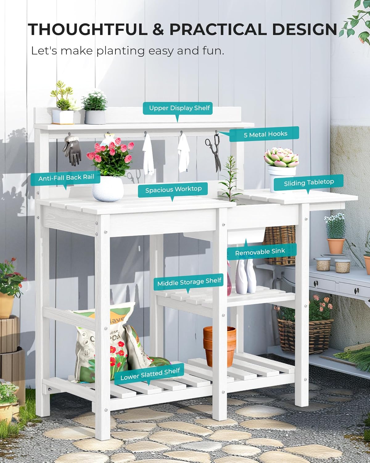 SERWALL Outdoor Potting Bench with Removeable Sink,Rot-Resistant HDPE Potting Table for Outside Gardening, All Weather Use - Gray