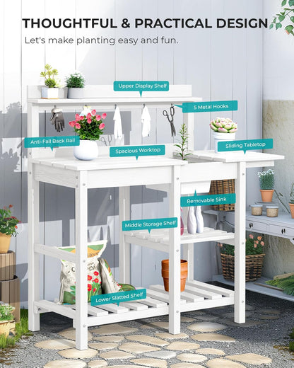 SERWALL Outdoor Potting Bench with Removeable Sink,Rot-Resistant HDPE Potting Table for Outside Gardening, All Weather Use - Gray