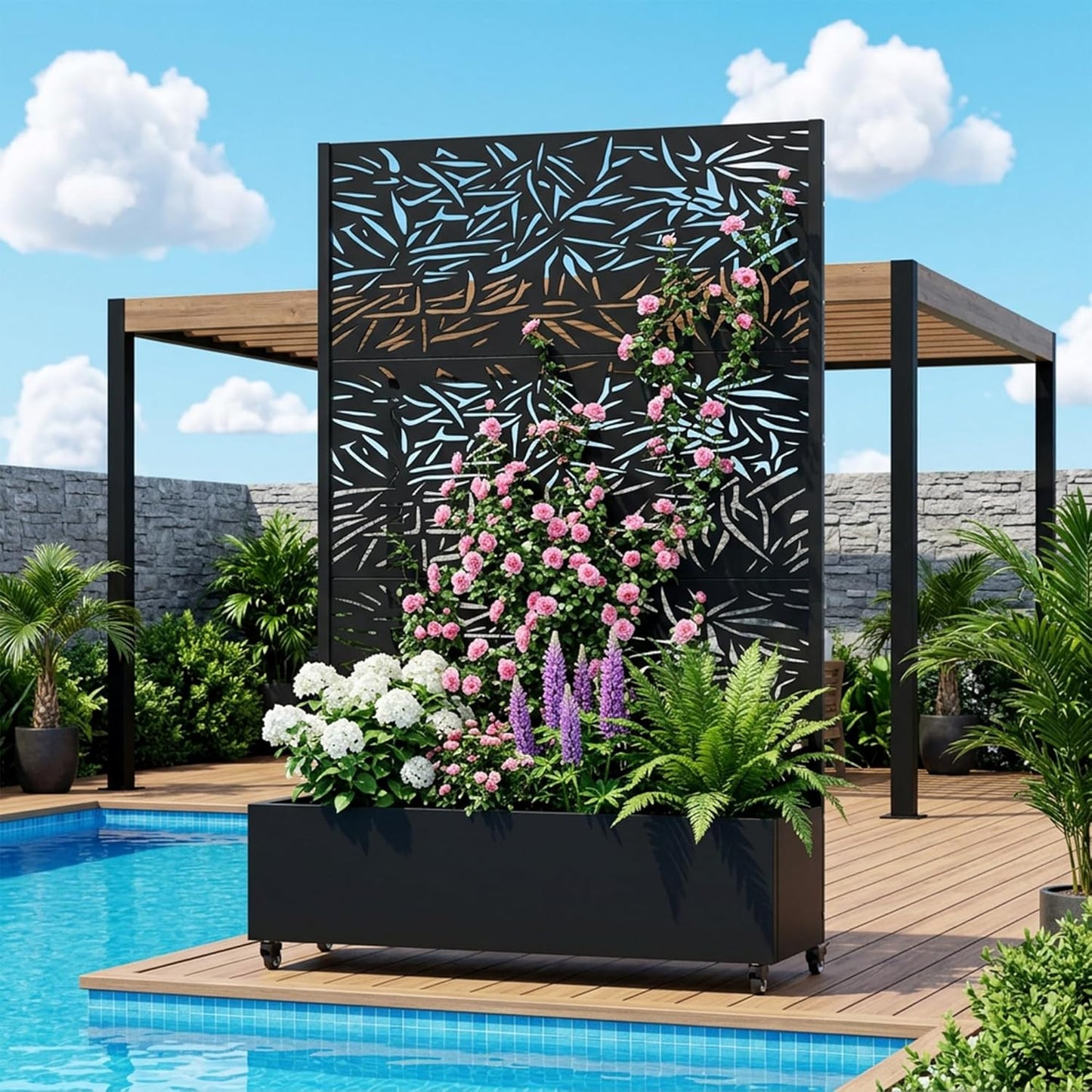 Casaphoria Metal Raised Garden Bed with Trellis and Wheels, 72"x47"x16" Planter Box for Climbing Plants, Vegetables & Vines, Features Drainage Holes and Privacy Screen (Black-Louver) - Colors A