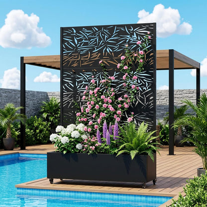 Casaphoria Metal Raised Garden Bed with Trellis and Wheels, 72"x47"x16" Planter Box for Climbing Plants, Vegetables & Vines, Features Drainage Holes and Privacy Screen (Black-Louver) - Colors A