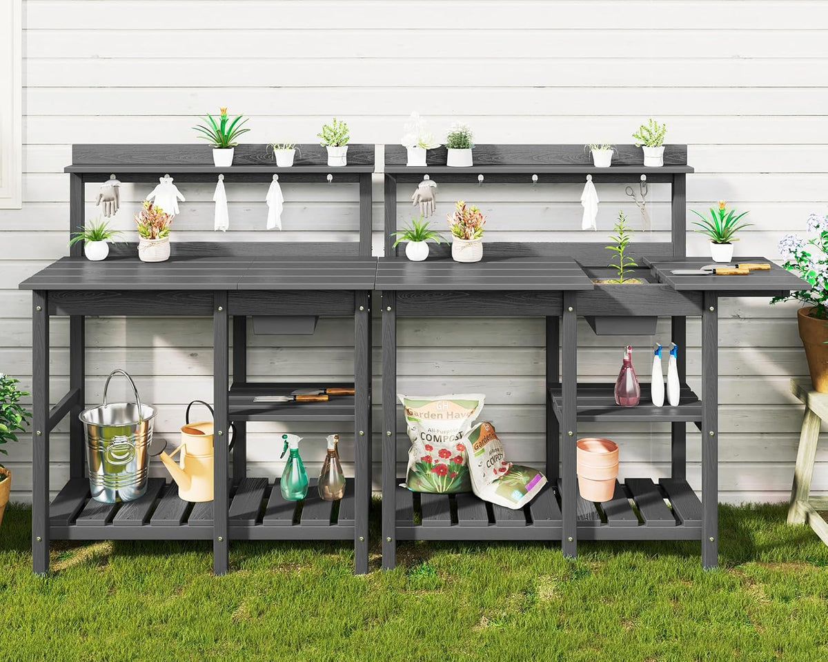 SERWALL Outdoor Potting Bench with Removeable Sink,Rot-Resistant HDPE Potting Table for Outside Gardening, All Weather Use - Gray
