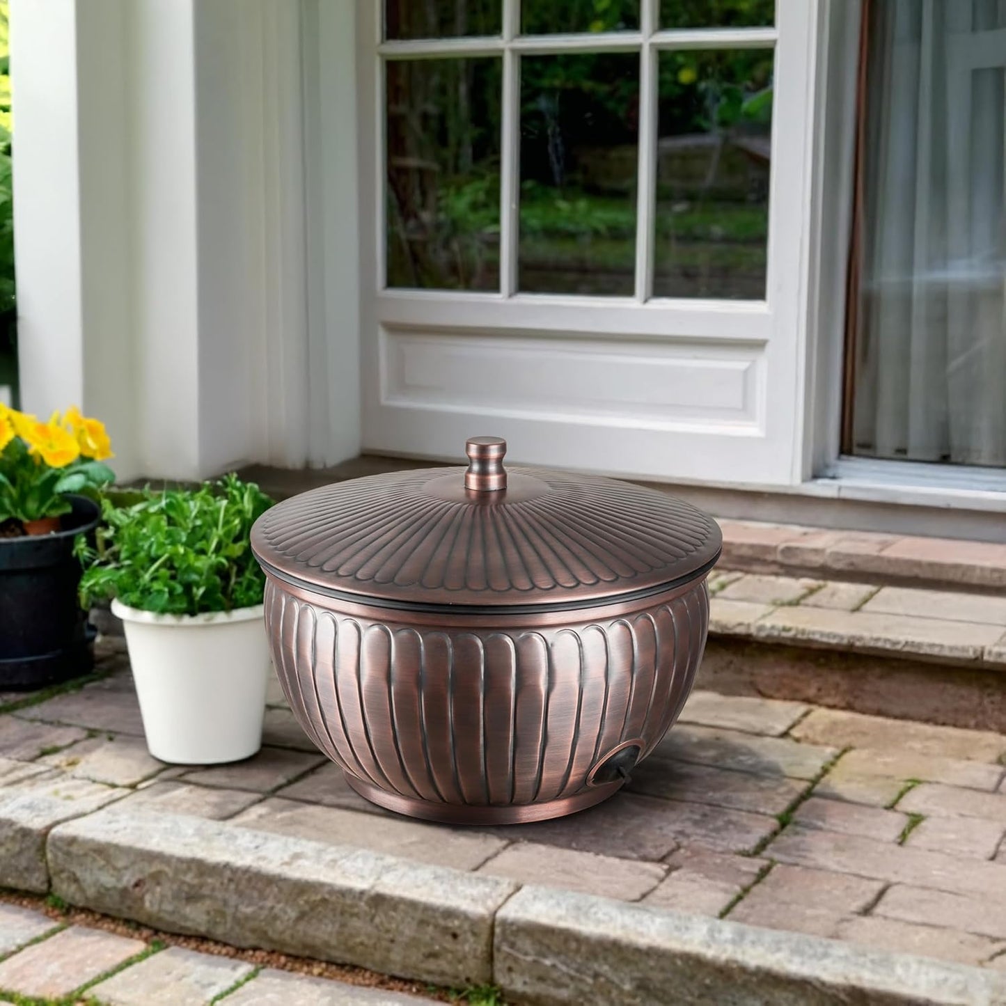 Monarch Abode Garden Hose Holder with Lid – Decorative Water Hose Holders for Outside, Arch Embossed Metal Patina Pot with Drainage, 100ft Waterhose Holder for Outside, Garden Storage Caddy