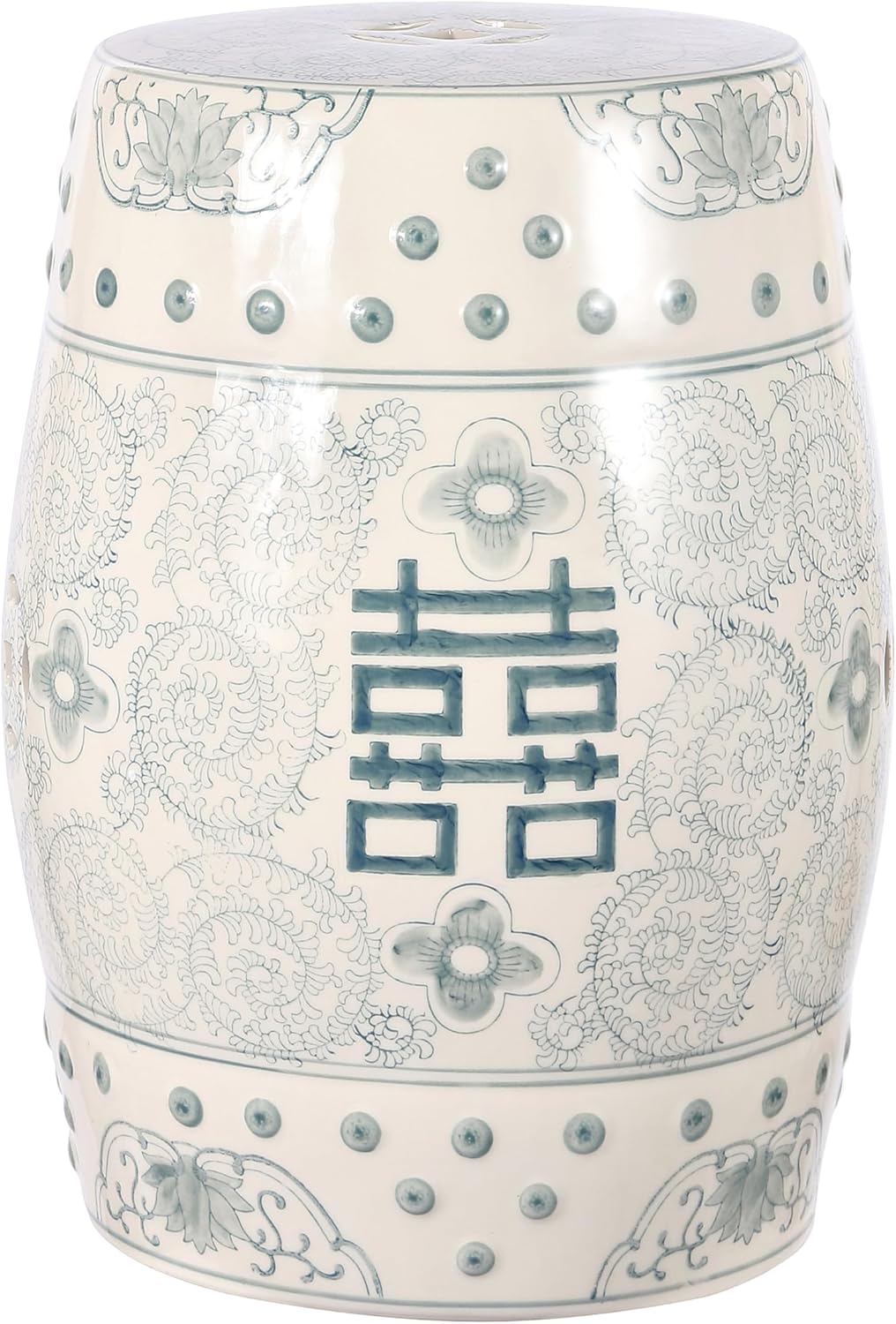 JONATHAN Y Double Happiness 18" Ceramic Garden Stool, Traditional Chinoiserie Dusty Teal and White Indoor/Outdoor Patio Drum Accent Side Table and Plant Stand TBL1013C