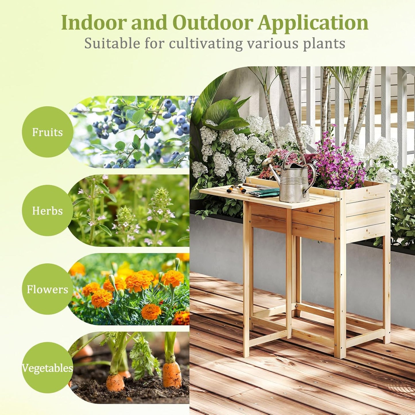 Giantex Wood Raised Garden Bed w/Folding Drop-Leaf Potting Table, Planter Box for Flower Herb Vegetable Fruit, Indoor Outdoor Elevated Raised Beds for Gardening, Backyard, Patio, Balcony