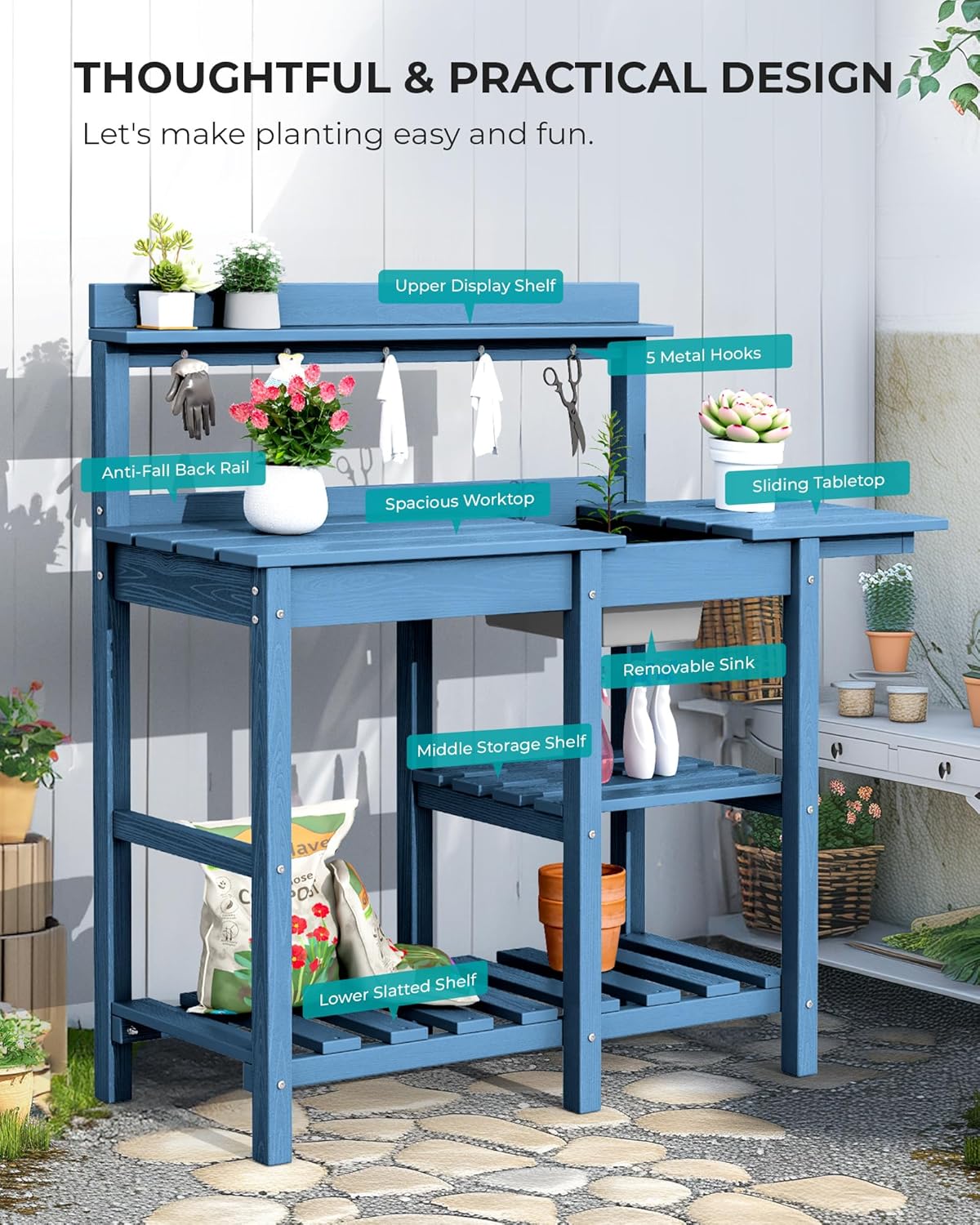 SERWALL Outdoor Potting Bench with Removeable Sink,Rot-Resistant HDPE Potting Table for Outside Gardening, All Weather Use - Gray