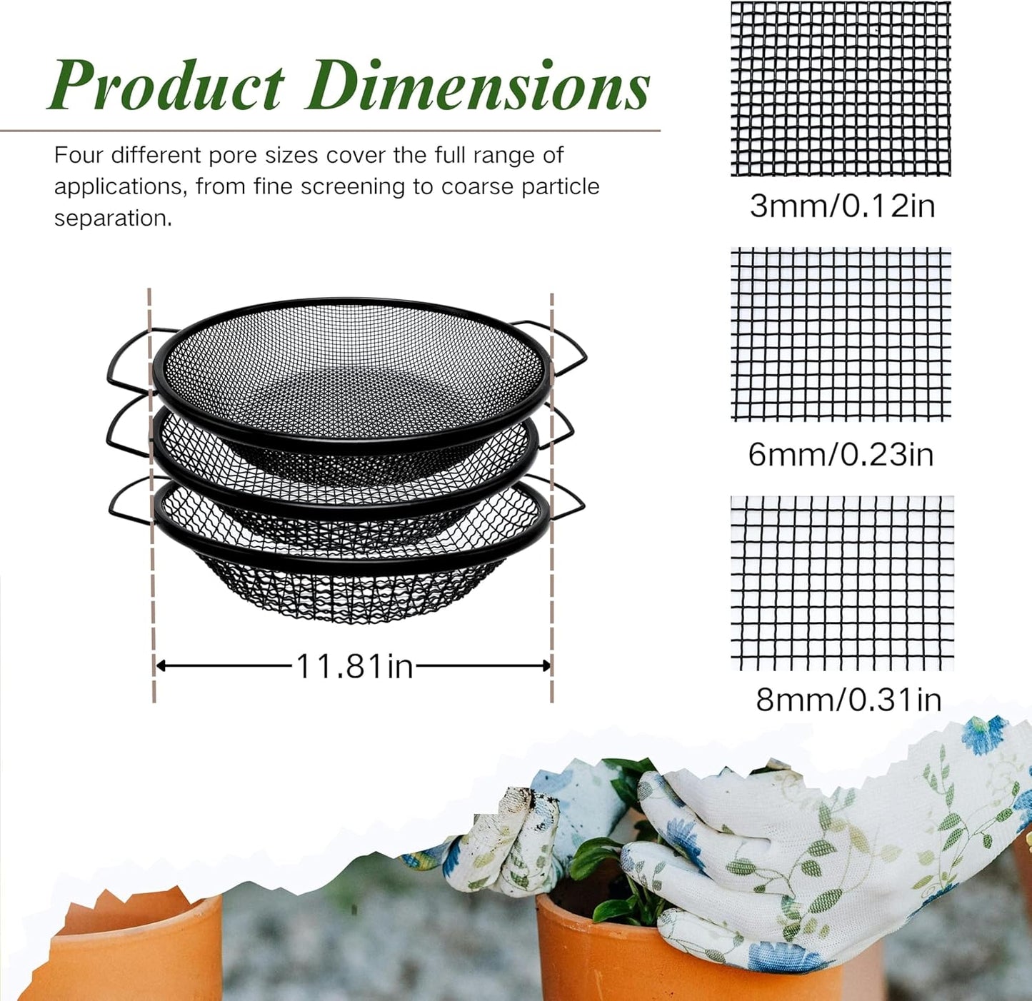 3PCS Soil Sifter for Gardening, Rock Sifter for 5gallon Bucket, Dirt Sifter Compost Sifter, Sifter for Gravel Sawdust Vermicompost, 3mm, 6mm,8mm, Soil Sifter with Handle