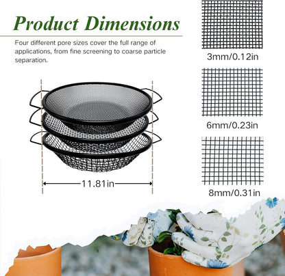 3PCS Soil Sifter for Gardening, Rock Sifter for 5gallon Bucket, Dirt Sifter Compost Sifter, Sifter for Gravel Sawdust Vermicompost, 3mm, 6mm,8mm, Soil Sifter with Handle