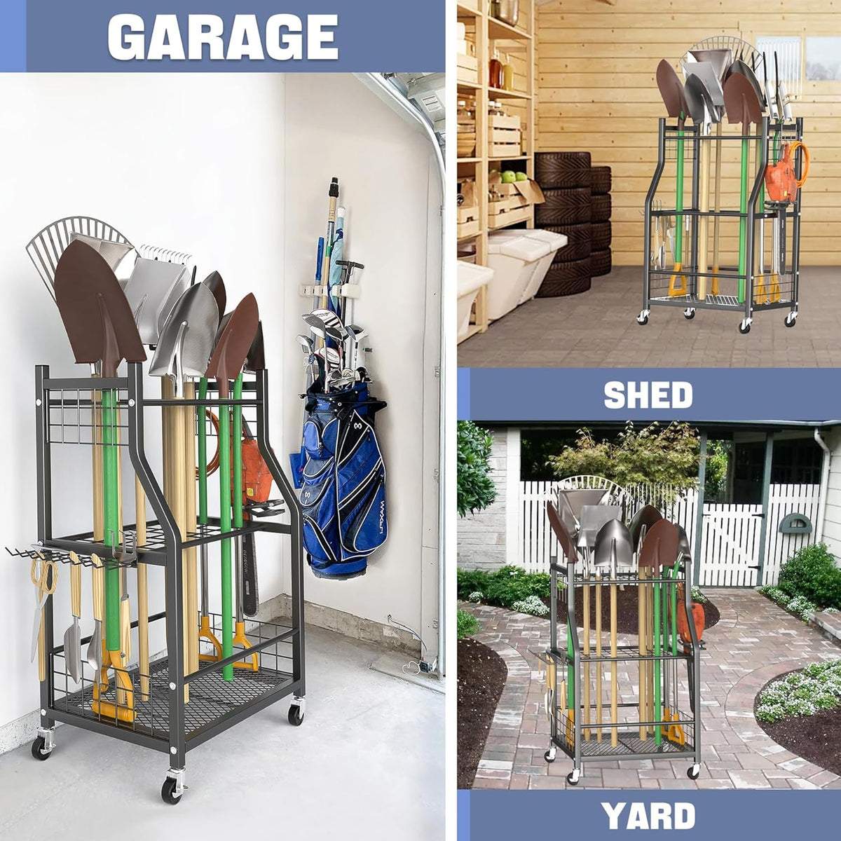 WALMANN Garden Tool Organizer with Wheels for Garage, Large Storage Capacity, Rakes/Shovels/Yard Tools Storage Stand for Shed, Garden, Indoor/Outdoor Long-Handled Tools Rolling Cart