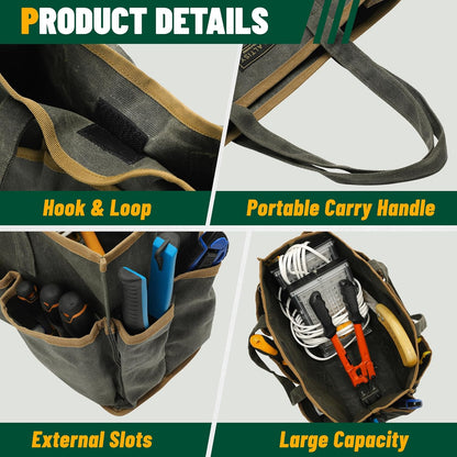 Tool Tote Bag, Heavy Duty 16oz Waxed Canvas Garden Tool Bag | Portable 11-Pocket Tool Storage Bag for Gardener Electrician Contractor Repairman (14"L x 5.5"W x 10.5"H) – Army Green