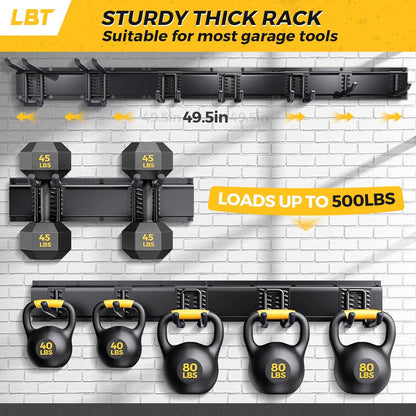 LBT 66" Garage Tool Organizer Wall Mount - 720lbs Garden Tool Organizer with Adjustable Hooks, Heavy Duty Metal Garage Storage Rack, Anti-Rust Shed Rack Holder Hanging Rake Broom Mower Snowboard