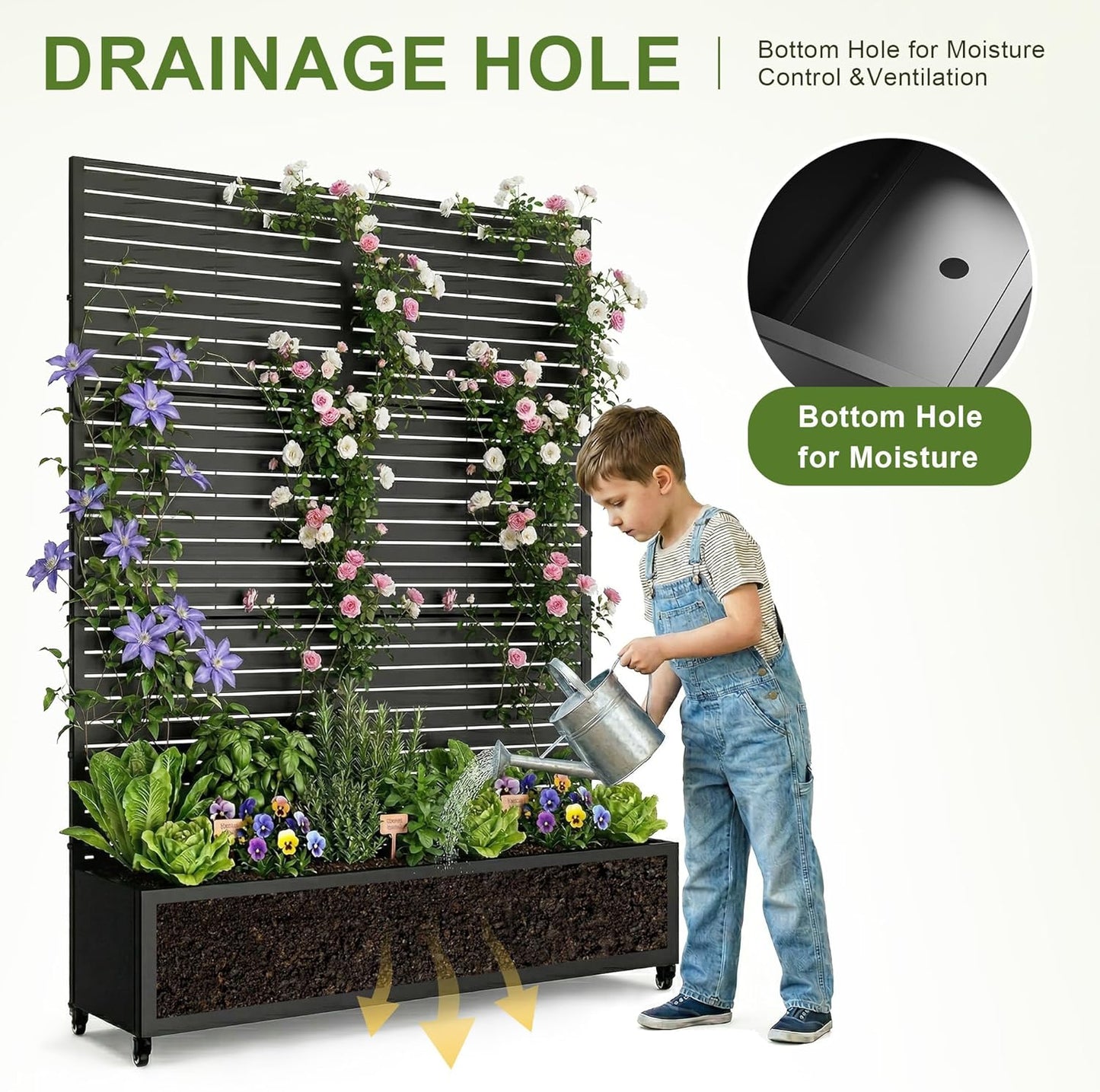 Casaphoria Metal Raised Garden Bed with Trellis and Wheels, 72"x47"x16" Planter Box for Climbing Plants, Vegetables & Vines, Features Drainage Holes and Privacy Screen (Black-Louver) - Colors C