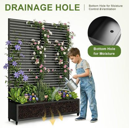 Casaphoria Metal Raised Garden Bed with Trellis and Wheels, 72"x47"x16" Planter Box for Climbing Plants, Vegetables & Vines, Features Drainage Holes and Privacy Screen (Black-Louver) - Colors C