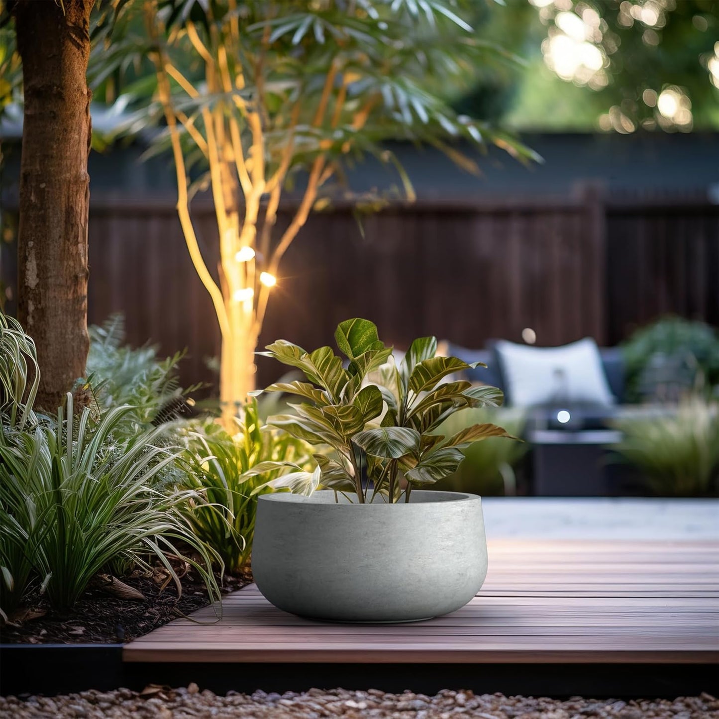 Kante 15.7" Dia Round Concrete Planter, Outdoor Indoor Garden Plant Pots with Drainage Hole and Rubber Plug, Modern Curvaceous Design, Slate Gray