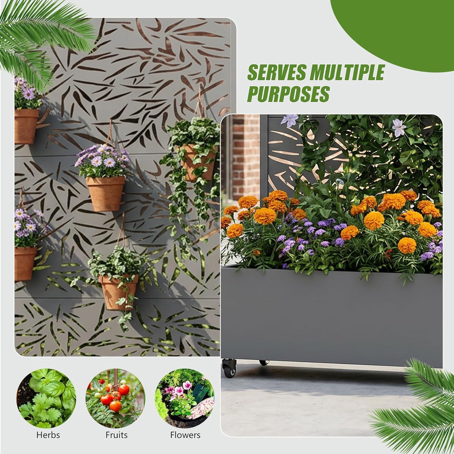 Casaphoria Metal Raised Garden Bed with Trellis and Wheels, 72"x47"x16" Planter Box for Climbing Plants, Vegetables & Vines, Features Drainage Holes and Privacy Screen (Black-Louver) - Colors A