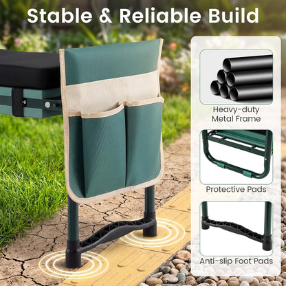 2-in-1 Garden Kneeler & Seat, Folding Seat w/EVA Foam Kneeling Pad & Removable Tools Pouch, Sturdy Steel Frame, No Assembly, Portable Heavy Duty Garden Stool for Women & Men