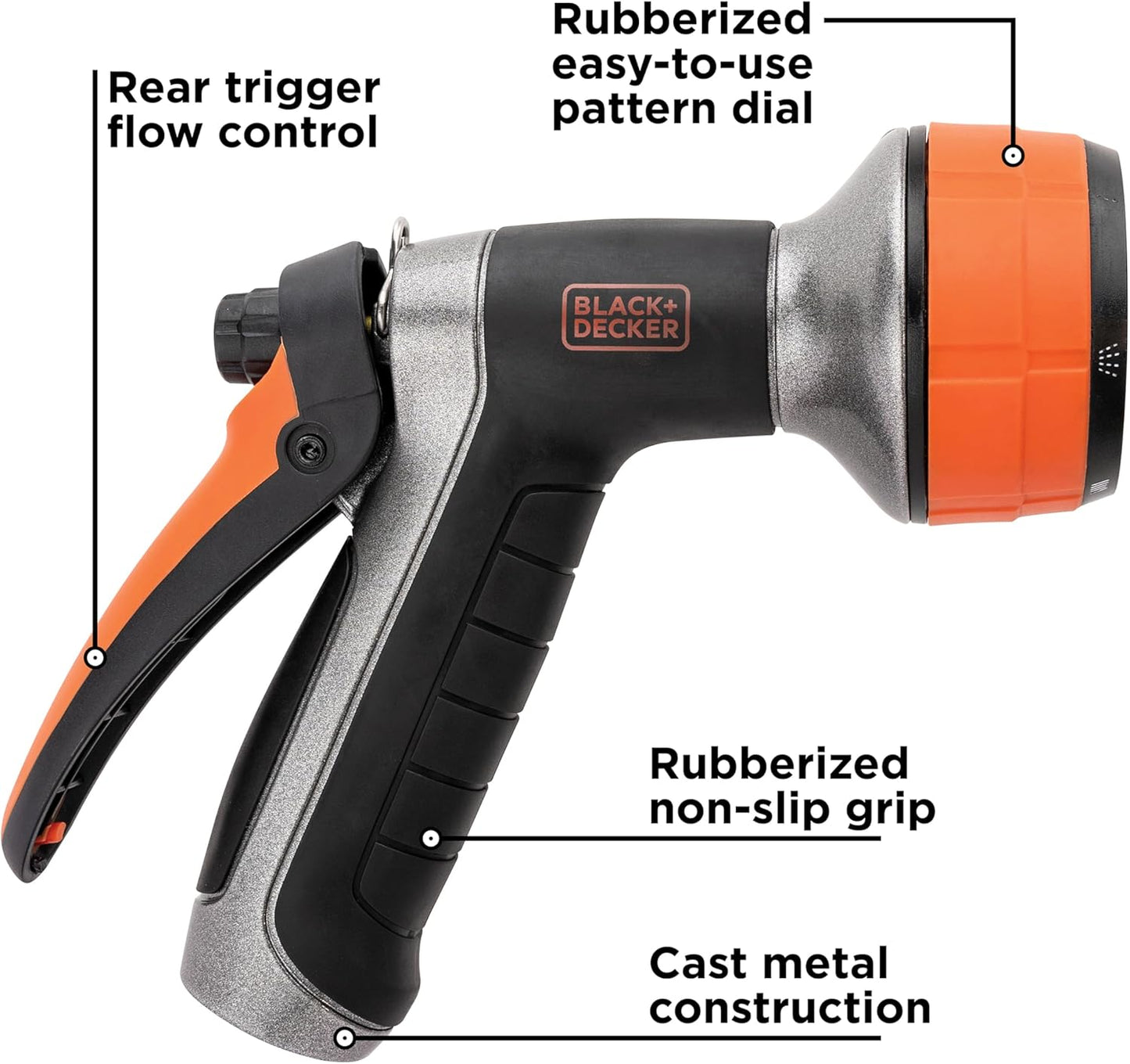 Black + Decker® Dial 7 Pattern Rear Trigger Garden Hose Nozzle – Durable, Versatile, Comfortable Grip Watering BD59577