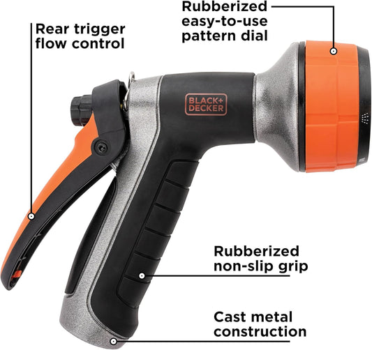 Black + Decker® Dial 7 Pattern Rear Trigger Garden Hose Nozzle – Durable, Versatile, Comfortable Grip Watering BD59577