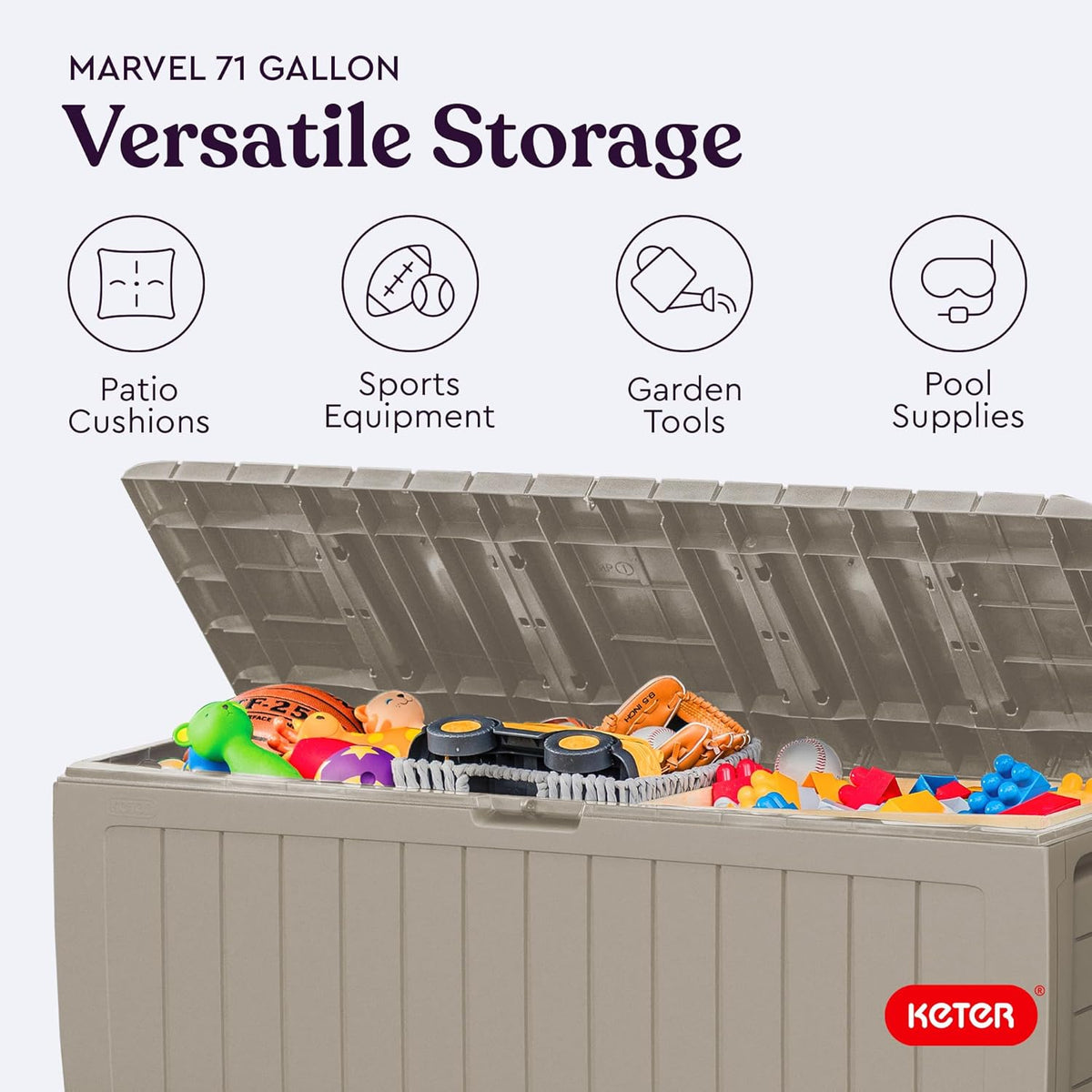 Keter Marvel Plus 71 Gallon Resin Outdoor Storage Box for Patio Furniture Cushions, Throw Pillows, Garden Tools and Pool Floats, Brown