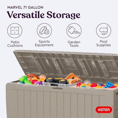 Keter Marvel Plus 71 Gallon Resin Outdoor Storage Box for Patio Furniture Cushions, Throw Pillows, Garden Tools and Pool Floats, Brown