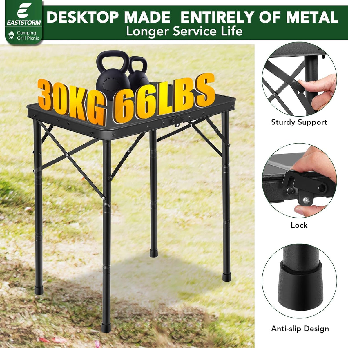 2Ft Small Folding Table with Carry Handle, Camping Table Adjustable Height 10.6–22 in, Black Metal Mesh, Portable & Compact for Outdoor/Indoor,Grill Table, 23.6×15.8 in, 4 lb, 66 lb Capacity