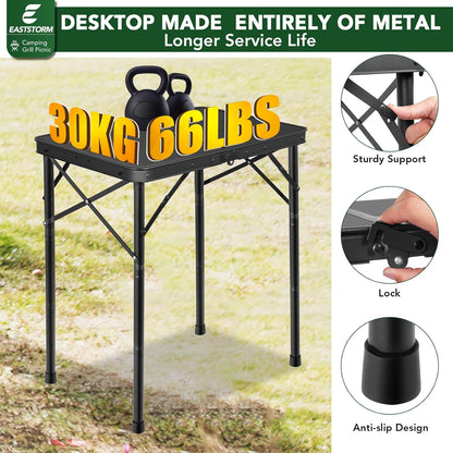 2Ft Small Folding Table with Carry Handle, Camping Table Adjustable Height 10.6–22 in, Black Metal Mesh, Portable & Compact for Outdoor/Indoor,Grill Table, 23.6×15.8 in, 4 lb, 66 lb Capacity