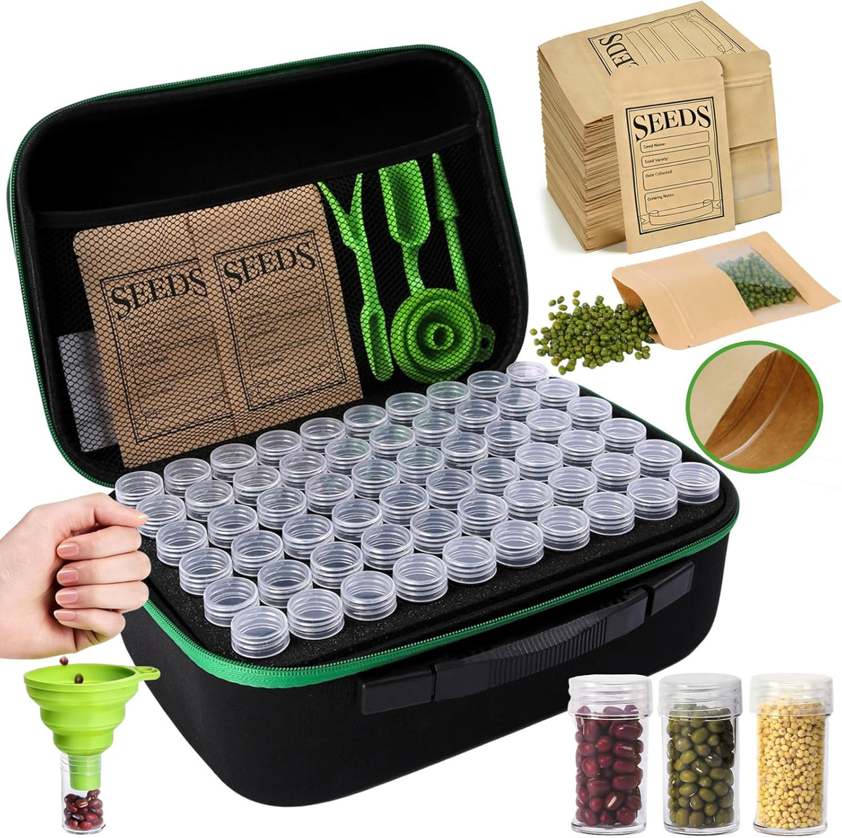 Seed Storage Organizer Box 60 Slots, with 20 Envelopes and Small Tool, Sturdy Seeds Saving Seed Bank Container Kit (Seeds not Included)