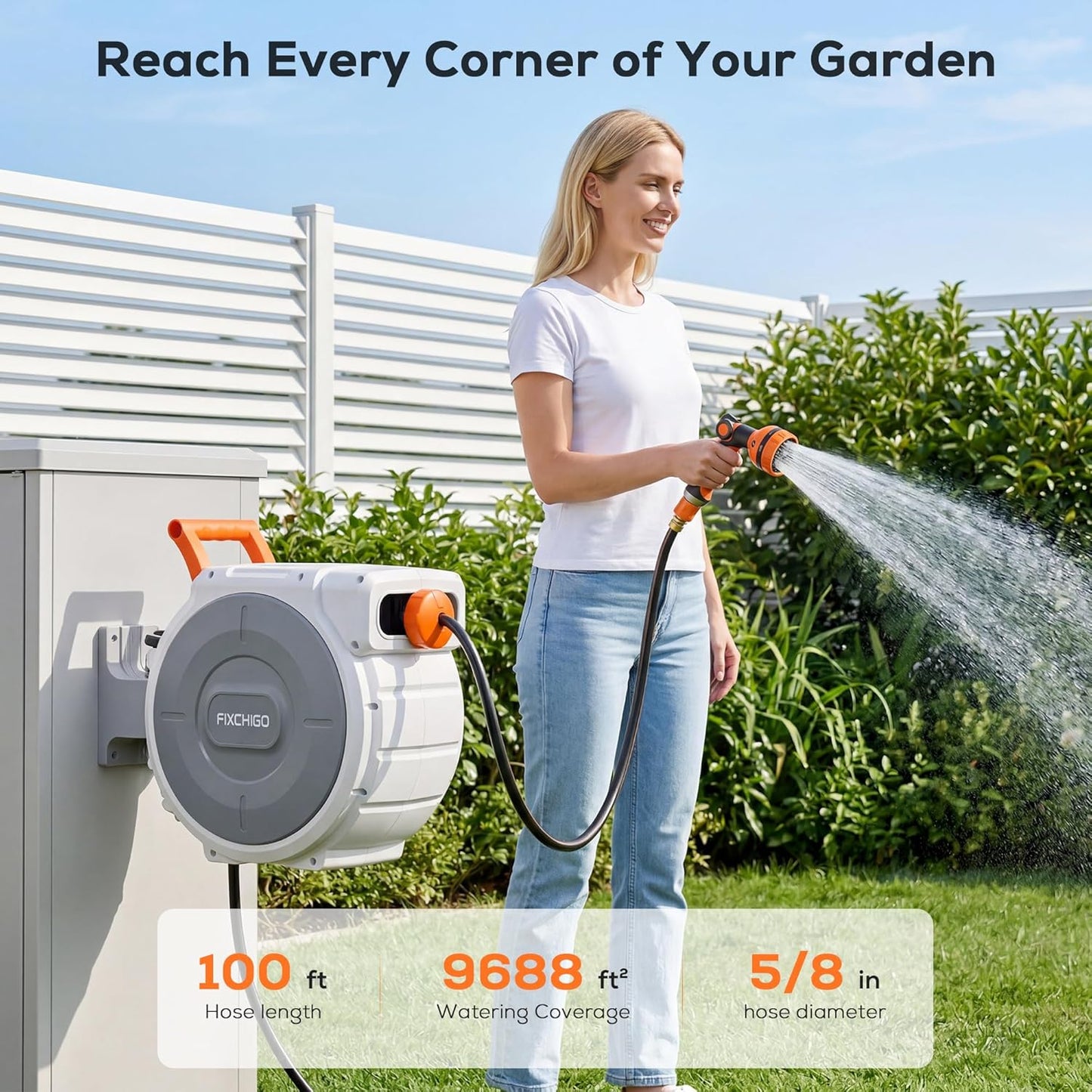 Retractable Hose Reel 5/8" x 100 FT, Heavy-Duty Garden Hose with Aluminum Bracket & Brass Seal, 10-Pattern Nozzle, Auto Rewind & Any-Length Lock, 180 Swivel, Wall Mount for Yard Lawn Patio