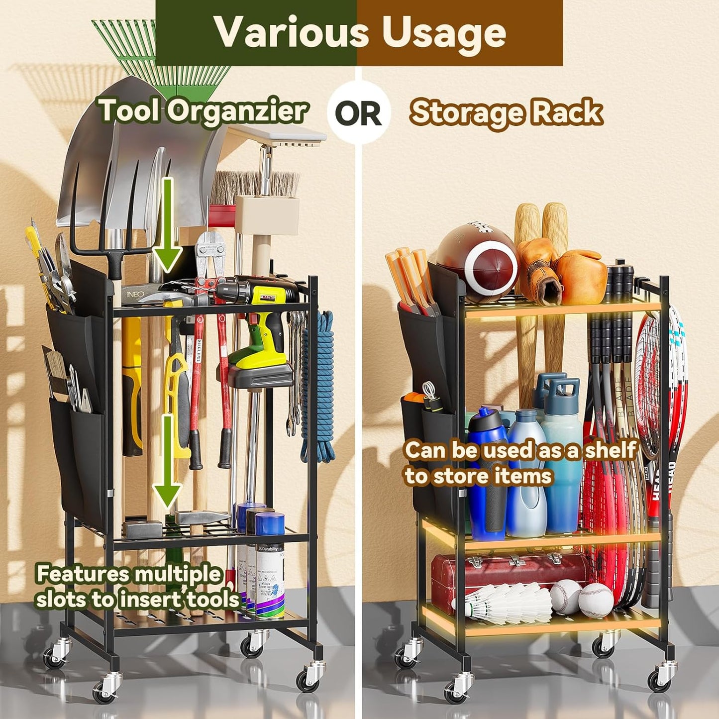 Garden Tool Organizer with Wheels, Rolling Yard Tool Tower Rack Carts for Garage Organization with Large Tool Bags with Pockets, Up to 35 Long-Handled Tools/Rakes/Brooms for Shed, Outdoor, Black