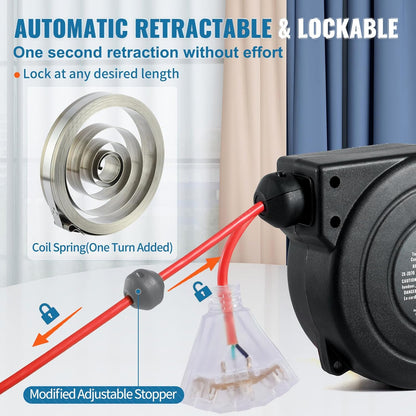 65FT Retractable Extension Cord Reel, Heavy Duty 12AWG/3C SJTOW Cord