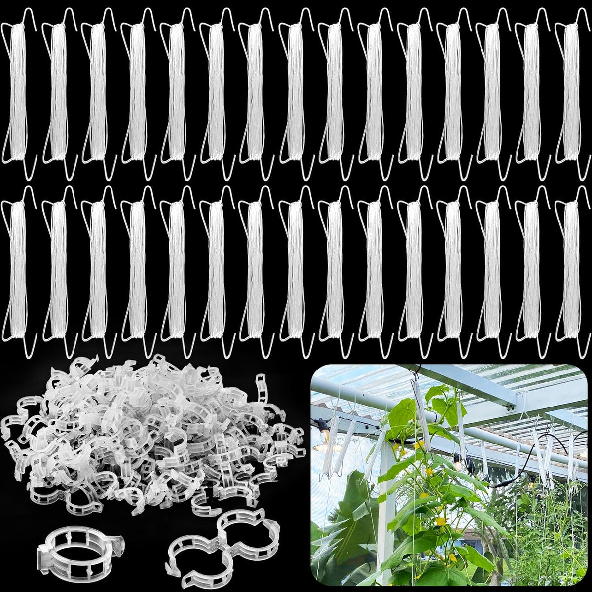 OJYUDD 130 Pcs Tomato Hooks with String,Tomato Holder Hooks with 32.8ft Twine & Plant Support Clips,Climbing Plants Support Hooks for Vegetable Plant Fruit Flower