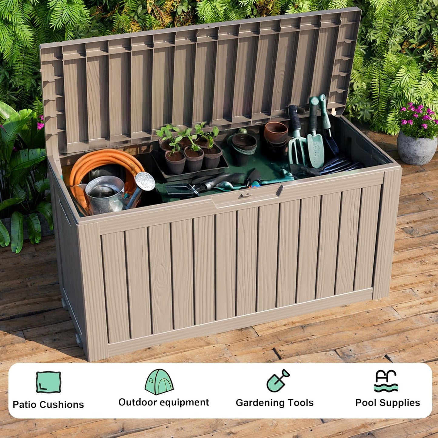 30 Gallon Outdoor Deck Box, Lockable Waterproof Outdoor Storage Boxes For Garden Tools,Indoor Cushions,Accessories Outside Storage Resin Weatherproof Container(Black)