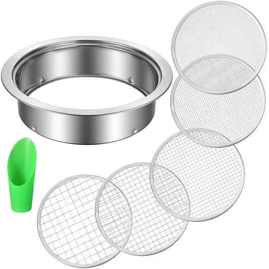 Kifmurase Stainless Steel Soil Sifter for Gardening, Sand Sifter Tool with Interchangeable Mesh Screens(1,3,6,9,12mm) and Scoop Shovel, Bonsai Soils Scoops Set, Garden Sieve Soils Sifters for Gravel