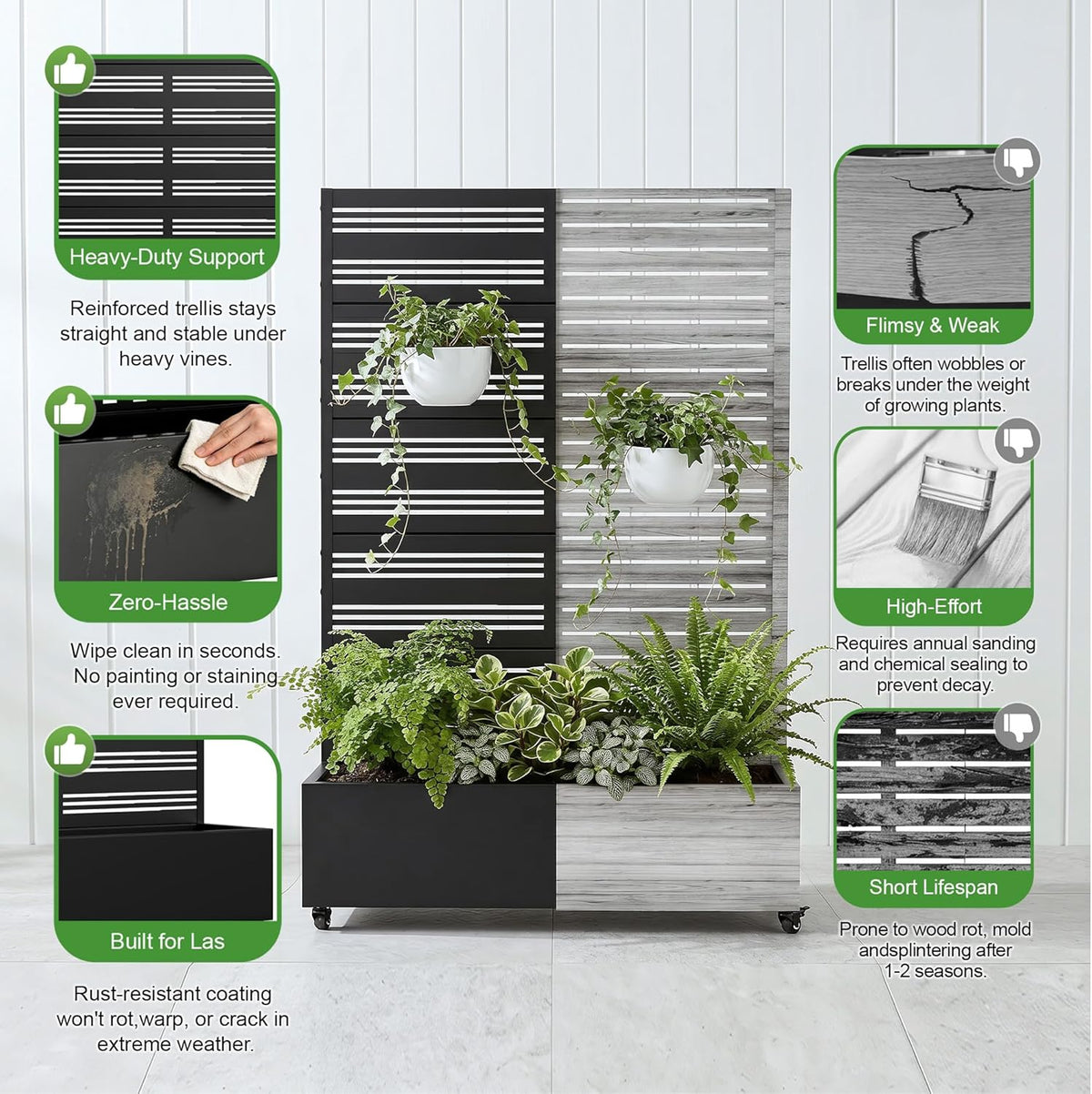 Casaphoria Metal Raised Garden Bed with Trellis and Wheels, 72"x47"x16" Planter Box for Climbing Plants, Vegetables & Vines, Features Drainage Holes and Privacy Screen (Black-Louver) - Colors D