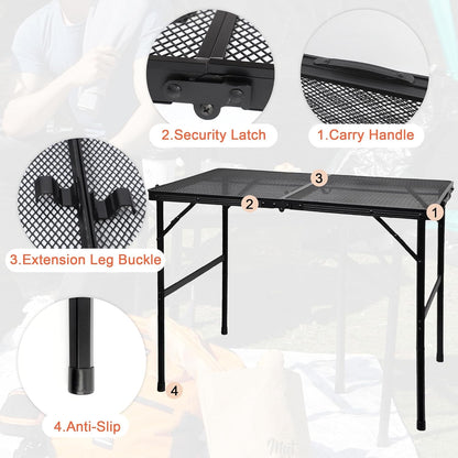 GREGIN Camping Table with Mesh Desktop, Lightweight & Portable Small Folding Grill Table, Height Adjustable Metal Outdoor Table for Camp, Cooking, BBQ, RV, Picnic-2 FT Black