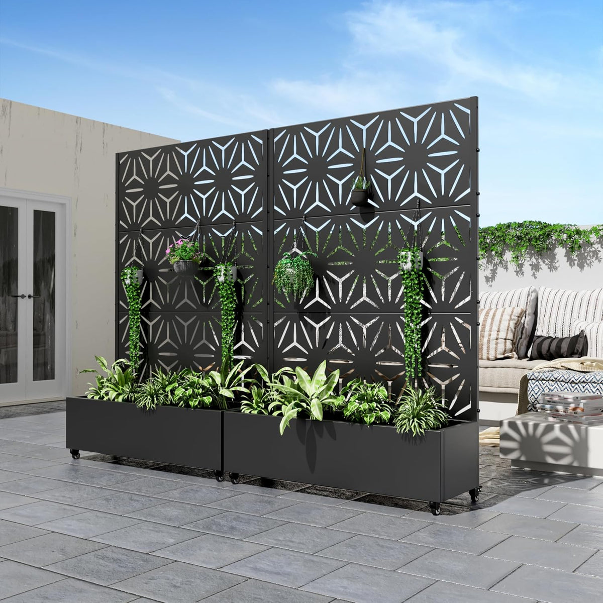 Casaphoria Metal Raised Garden Bed with Trellis and Wheels, 72"x47"x16" Planter Box for Climbing Plants, Vegetables & Vines, Features Drainage Holes and Privacy Screen (Black-Louver) - Colors A