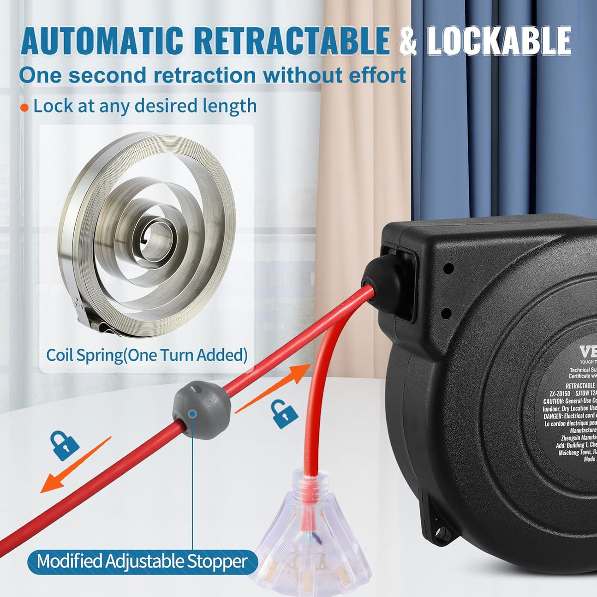 65FT Retractable Extension Cord Reel, Heavy Duty 12AWG/3C SJTOW Cord