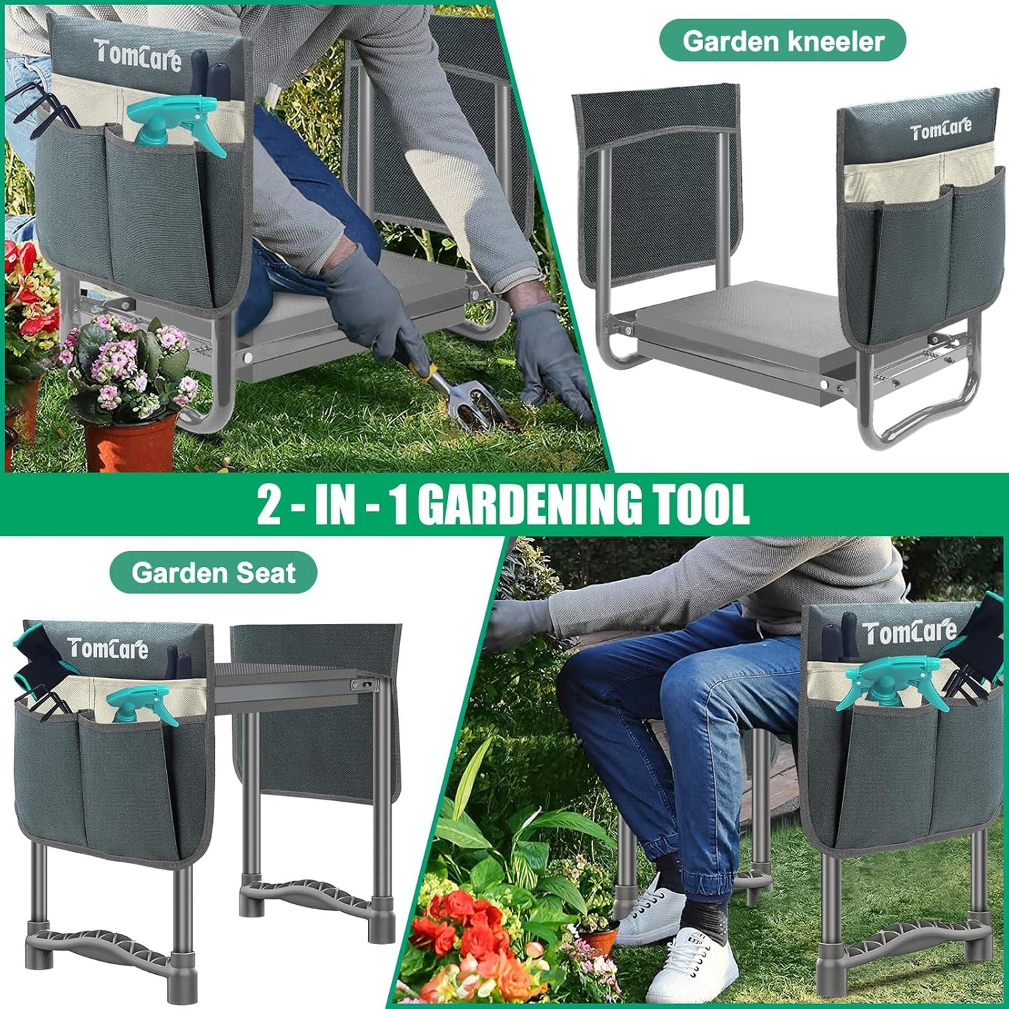 TomCare Garden Kneeler and Seat 10.64” Wider Larger Soft Kneeling Pad Garden Bench with 2 Large Tool Pouches Heavy Duty Garden Stool Foldable Tools Gardening Gifts for Women Men Gardeners