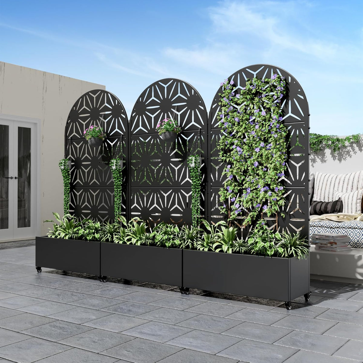 Casaphoria Metal Raised Garden Bed with Trellis and Wheels, 72"x47"x16" Planter Box for Climbing Plants, Vegetables & Vines, Features Drainage Holes and Privacy Screen (Black-Louver) - Colors C