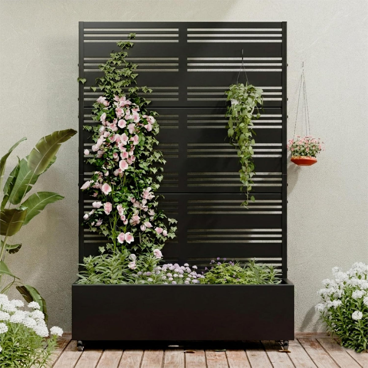 Casaphoria Metal Raised Garden Bed with Trellis and Wheels, 72"x47"x16" Planter Box for Climbing Plants, Vegetables & Vines, Features Drainage Holes and Privacy Screen (Black-Louver) - Colors D