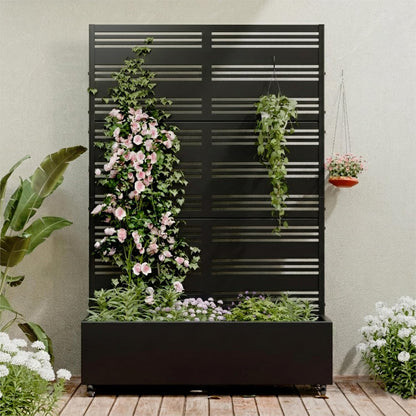 Casaphoria Metal Raised Garden Bed with Trellis and Wheels, 72"x47"x16" Planter Box for Climbing Plants, Vegetables & Vines, Features Drainage Holes and Privacy Screen (Black-Louver) - Colors D