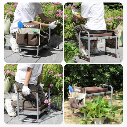 Tovve Foldable Garden Kneeler and Seat, Heavy Duty Garden Stool with 10" Wide Detachable Kneeling Pad, Portable Garden Bench Chair with Large Garden Tool Bag, Gardening Gifts for Women, Seniors, Mom