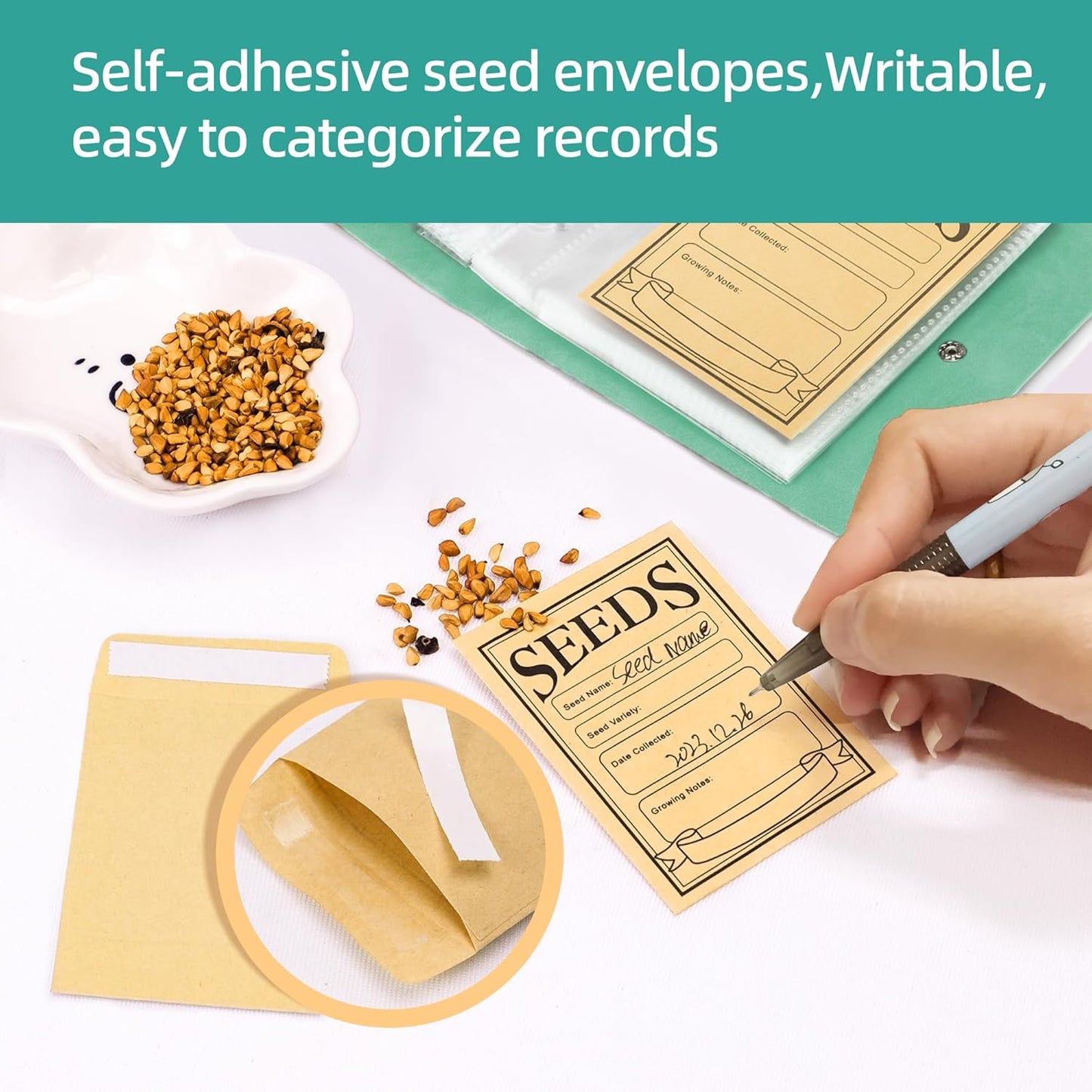 Seed Packet Organizer Binder, Garden Planner Packet with 25 Pack Clear Pocket Sleeves(Slot 3.9" x 5.5") 50Pcs Seed Storage Envelopes, Fit for Standard Seed Packets
