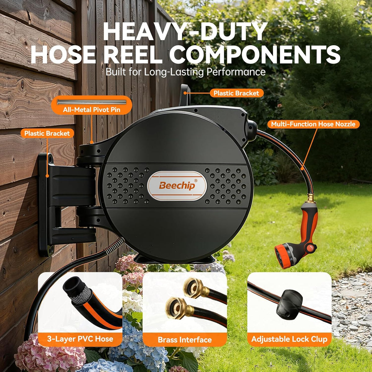 Retractable Garden Hose Reel, 1/2 in x 100 ft, Wall Mounted with 10-Function Nozzle, Any Length Lock & Slow Auto Rewind System, 180° Swivel Bracket, Black