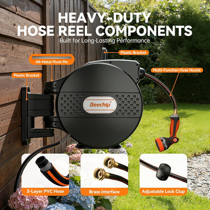Retractable Garden Hose Reel, 1/2 in x 100 ft, Wall Mounted with 10-Function Nozzle, Any Length Lock & Slow Auto Rewind System, 180° Swivel Bracket, Black