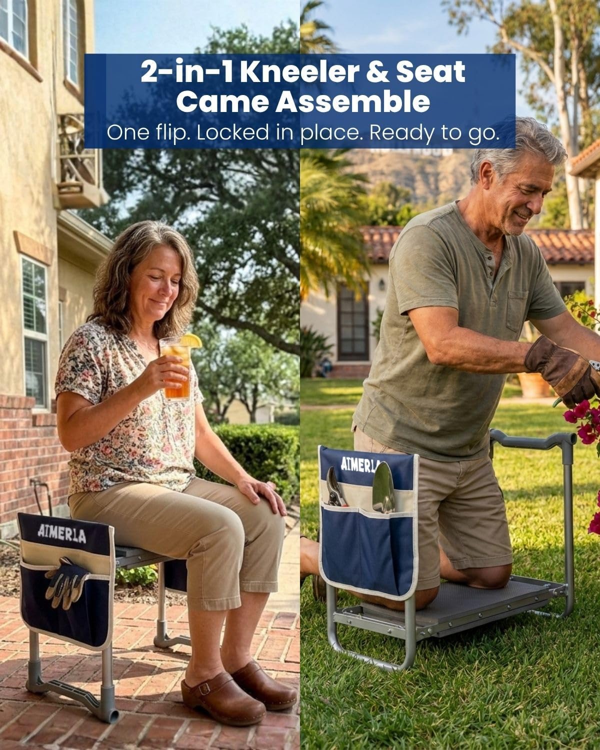 Aimerla Foldable Garden Kneeler Seat Heavy Duty [Upgraded Widened Thick Kneeling Pad] Gardening Stool with Large Tool Bags with Pockets - Portable Garden Bench Gardening Gifts for Parents