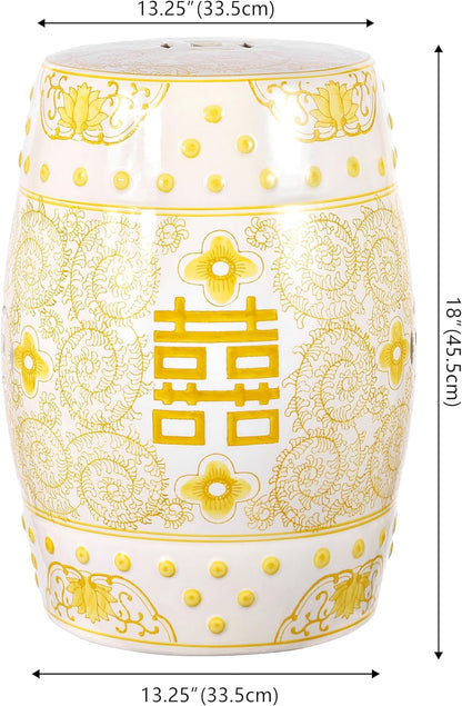 JONATHAN Y Double Happiness 18" Ceramic Garden Stool, Traditional Chinoiserie Dusty Teal and White Indoor/Outdoor Patio Drum Accent Side Table and Plant Stand TBL1013C