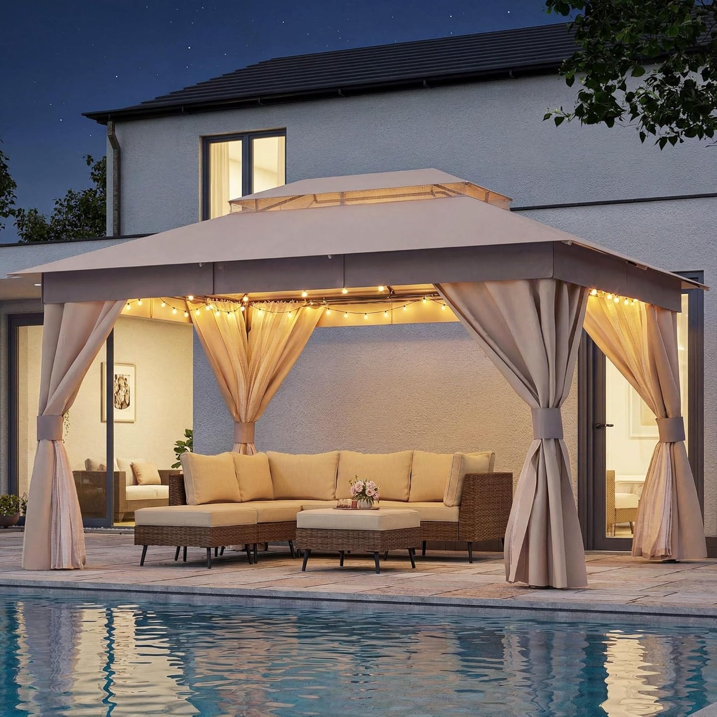 10x20 Gazebo Canopy with 100FT String Lights, Metal Heavy Duty Patio Canopy Tent with Double Roofs, Mosquito Nettings and Privacy Screens for Backyard, Garden, Lawn, Gray