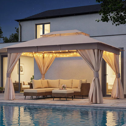 10x20 Gazebo Canopy with 100FT String Lights, Metal Heavy Duty Patio Canopy Tent with Double Roofs, Mosquito Nettings and Privacy Screens for Backyard, Garden, Lawn, Gray